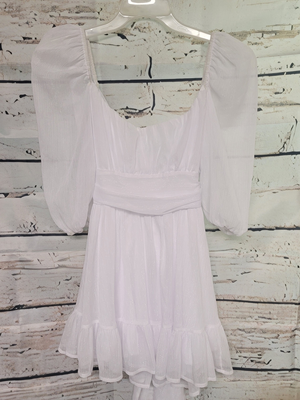 Lucy in the Sky White Shimmer Puff Sleeve Mini Dress Open Back Tie XS